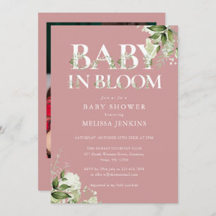 Dusty Rose Baby In Bloom Foliage Photo Baby Shower Invitation