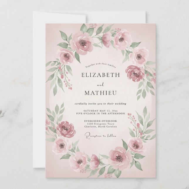 Dusty Rose Blooming Floral Wedding Invitation (Front)