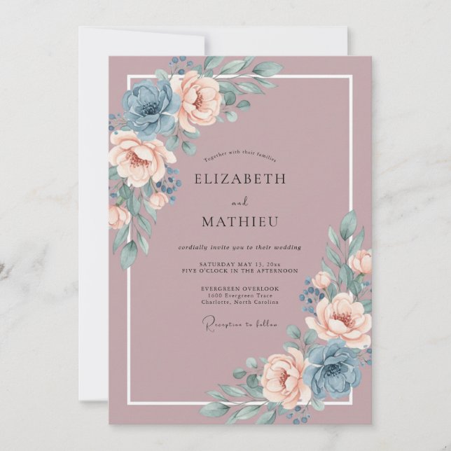 Dusty Rose Blue Romantic Floral Wedding Invitation (Front)