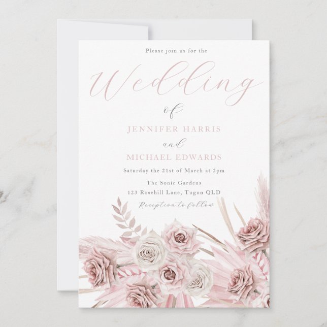 Dusty Rose Blush Boho Flowers Wedding Invitation (Front)