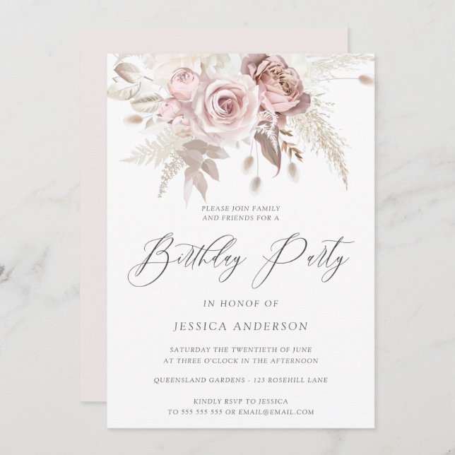 Dusty Rose Blush Boho Ivory Floral Birthday Party  Invitation (Front/Back)