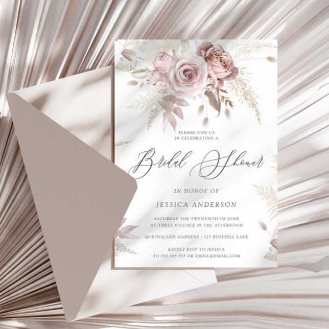 Dusty Rose Blush Boho Pink Floral Bridal Shower In Invitation (Creator Uploaded)
