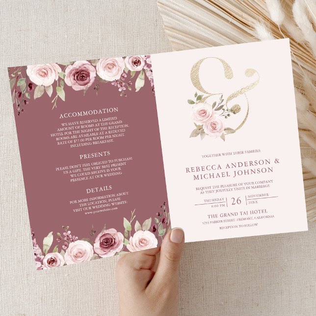 Dusty Rose Blush Floral Ampersand QR Code Wedding Invitation (Creator Uploaded)