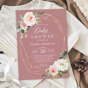 Dusty Rose Blush Floral Gold Geometric Baby Shower Invitation