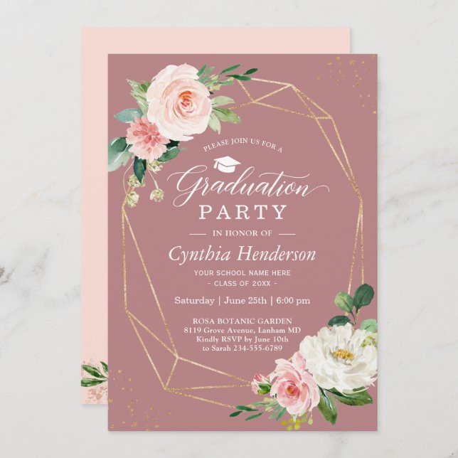 Dusty Rose Blush Floral Gold Geometric Graduation Invitation (Front/Back)