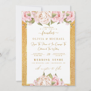 Dusty Rose Blush Floral Golden Sand Foil Wedding Invitation