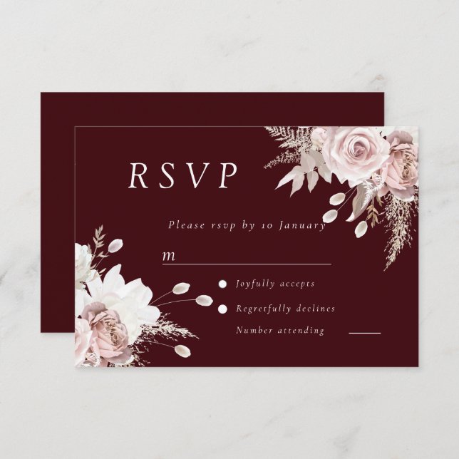Dusty Rose Blush Floral Wedding Deep Burgundy RSVP Card (Front/Back)
