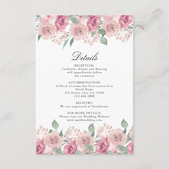 Dusty Rose Blush Floral Wedding Details Enclosure Card (Front)