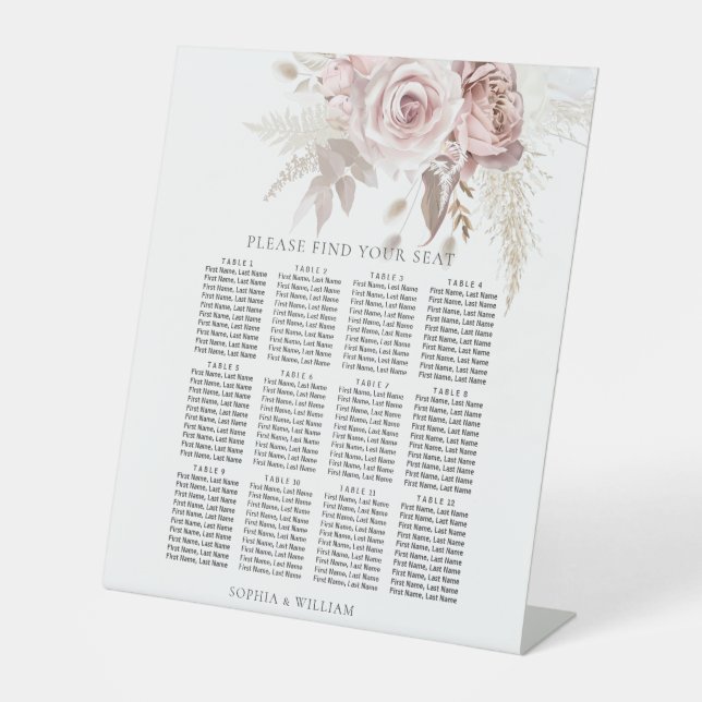 Dusty Rose Blush Floral Wedding Seating Chart Pedestal Sign (Front)