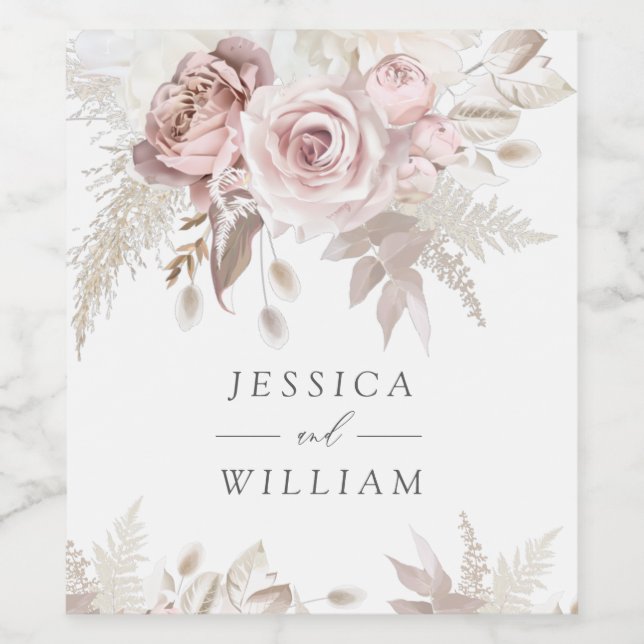 Dusty Rose Blush Ivory Floral Wedding Reception  Wine Label (Single Label)