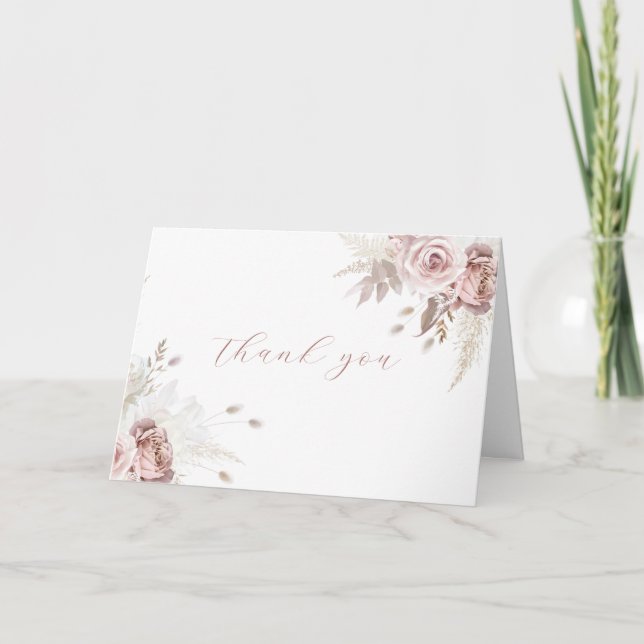 Dusty Rose Blush Ivory Modern Boho Wedding Thank You Card (Front)