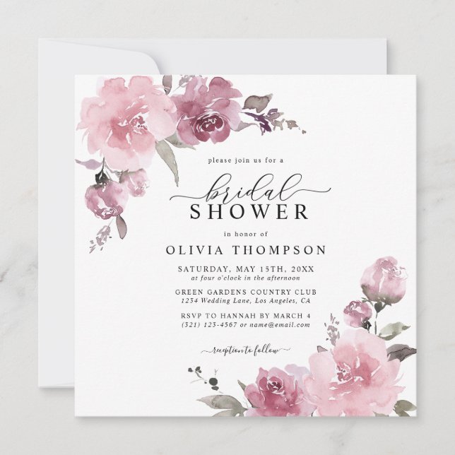 Dusty Rose Blush Mauve Floral Flower Bridal Shower Invitation (Front)