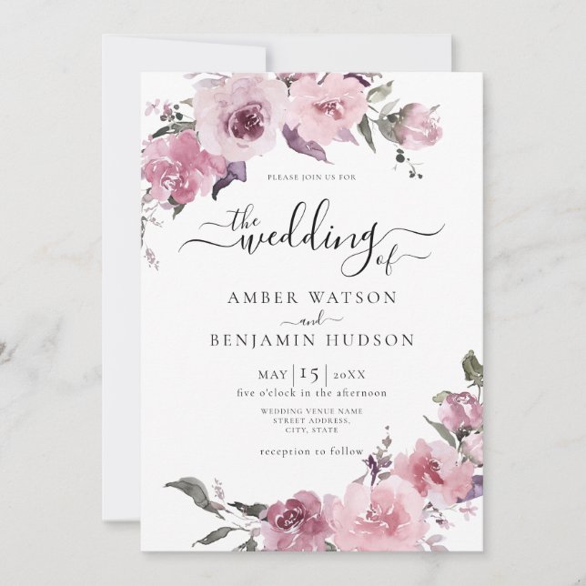 Dusty Rose Blush Mauve Lilac Floral Wedding Invitation (Front)