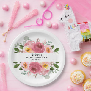 Dusty Rose Blush Pink Floral Baby Shower Paper Plate