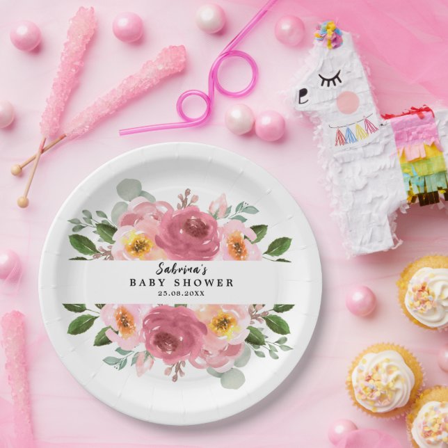 Dusty Rose | Blush Pink Floral Baby Shower Paper Plate (Party)