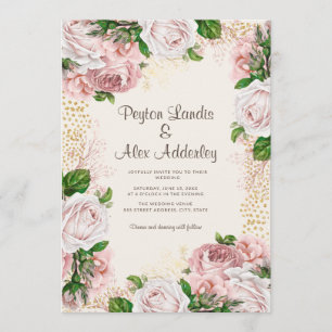 Dusty Rose Blush Pink Floral Gold Glitter Wedding Invitation