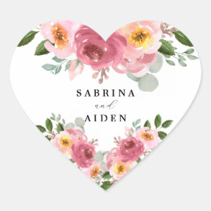 Dusty Rose Blush Pink Floral Wedding Heart Sticker