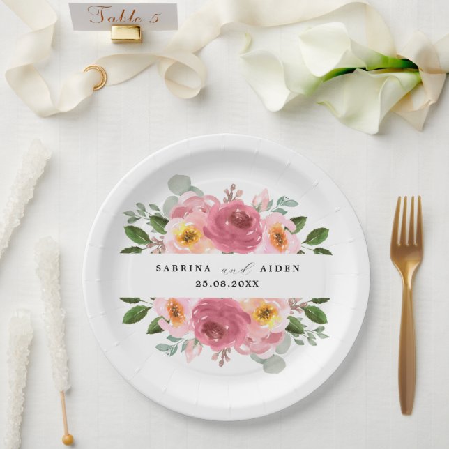Dusty Rose | Blush Pink Floral Wedding  Paper Plate (Wedding)