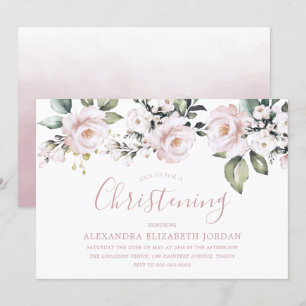 Dusty Rose Blush Pink Flowers Christening Baptism Invitation