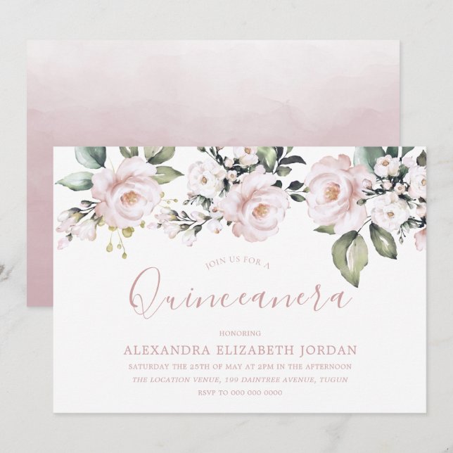 Dusty Rose Blush Pink Flowers Quinceanera Party Invitation (Front/Back)
