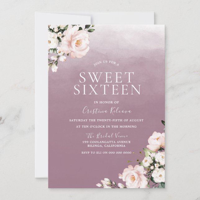 Dusty Rose Blush Pink Flowers Sweet 16 Party Invitation (Front)