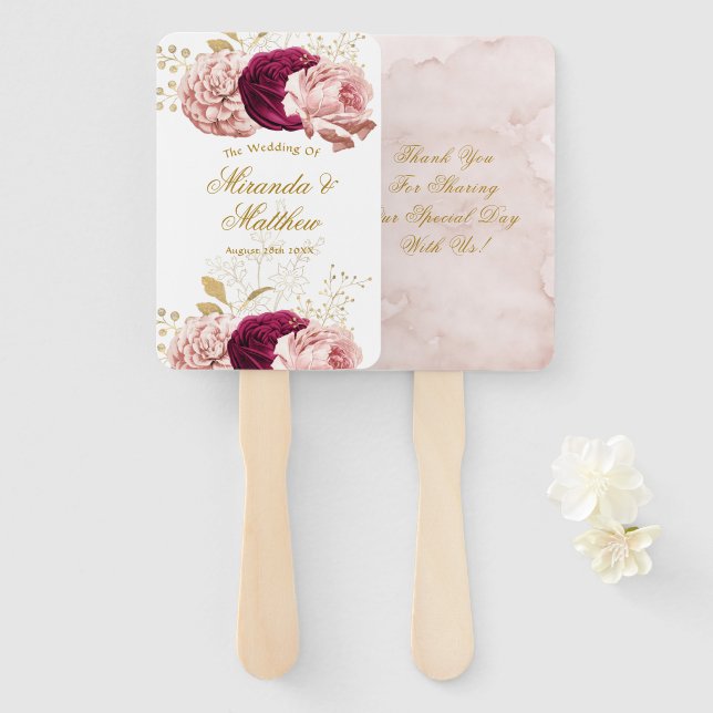 Dusty Rose Blush Pink Gold Peony Wedding Thank You Hand Fan (Front and Back)