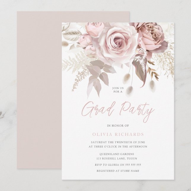 Dusty Rose Blush Pink Roses Grad Party Graduation Invitation (Front/Back)