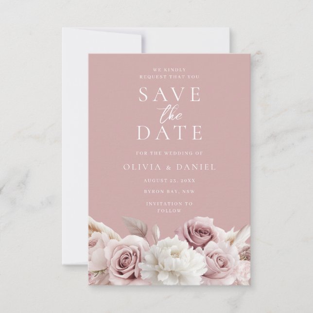 Dusty Rose & Blush Roses Elegant Wedding Save The Date (Front)