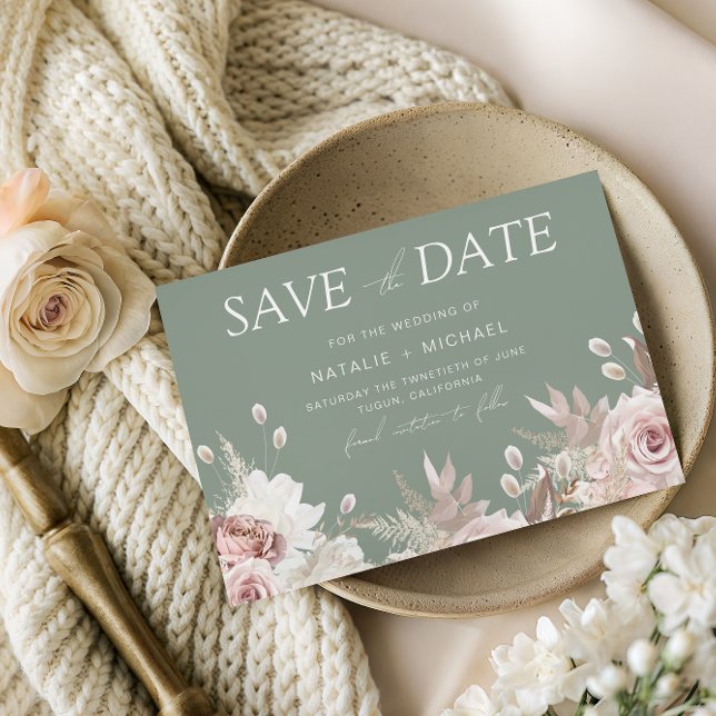 Dusty Rose, Blush & Sage Boho Floral Wedding Save The Date (Creator Uploaded)
