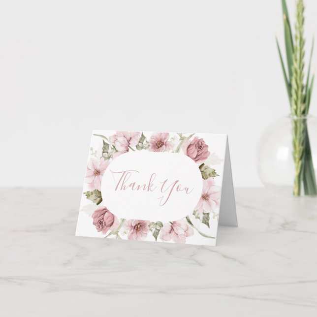 Dusty Rose, Blush & Sage Watercolor Thank You Card (Front)