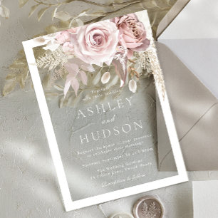 Dusty Rose & Blush Wedding White Border Acrylic Invitations