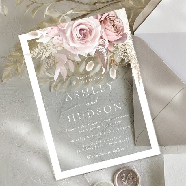 Dusty Rose & Blush Wedding White Border Acrylic Invitations (Creator Uploaded)