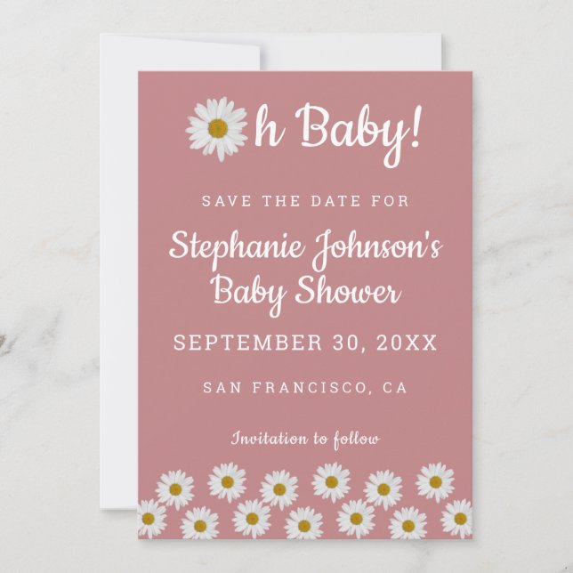 Dusty Rose Bohemian Daisies Oh Baby Baby Shower  Save The Date (Front)