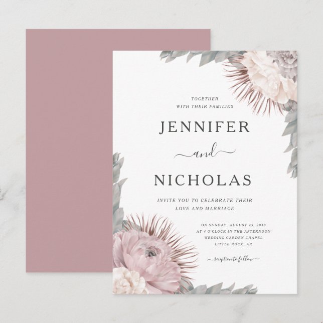 Dusty Rose Boho Dried Flowers Wedding Invitation  (Front/Back)