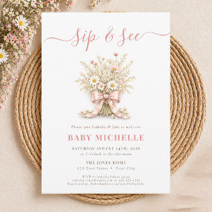 Dusty Rose Boho Floral Coquette Bow Girl Sip & See Invitation