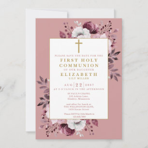 Dusty Rose Boho Floral  First Holy Communion  Save The Date
