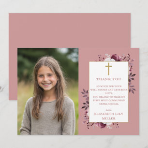 Dusty Rose Boho Floral Photo First Holy Communion Thank You Card