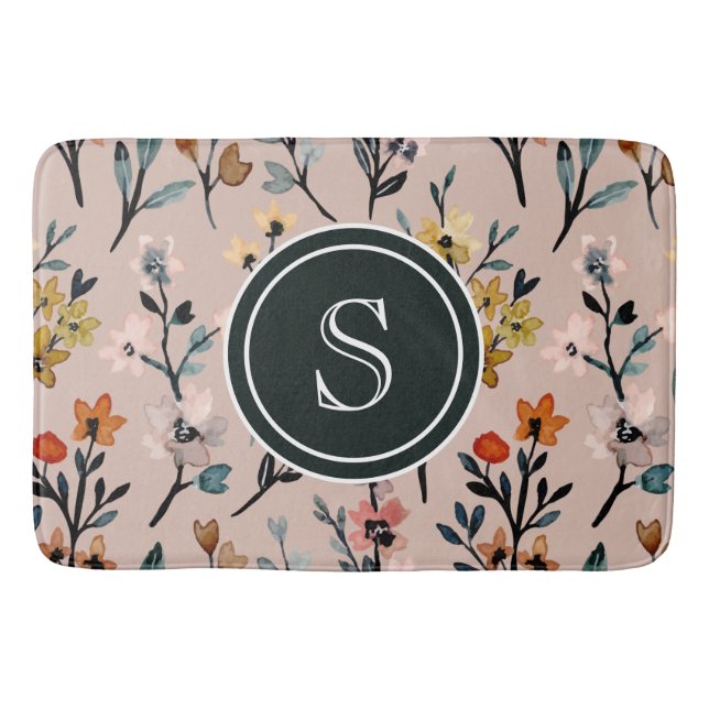 Dusty Rose Boho Floral Watercolor Custom Bath Mat (Front)