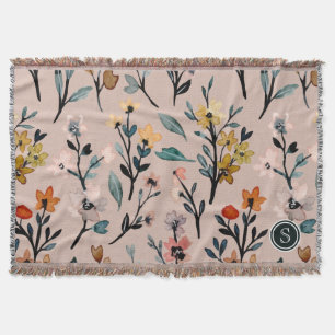 Dusty Rose Boho Floral Watercolor Custom Throw Blanket