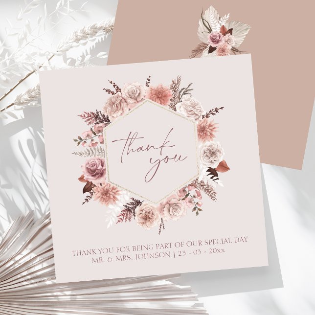 Dusty Rose Boho Pampas Flat Wedding Thank You (Boho Dusty Pink Dried Flowers Wreath Wedding Thank You Card)