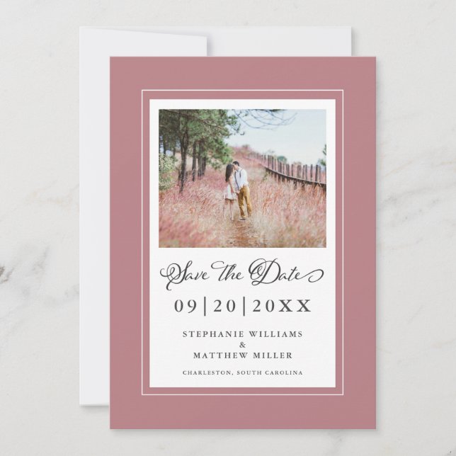 Dusty Rose Borders Photo Save The Date Wedding (Front)