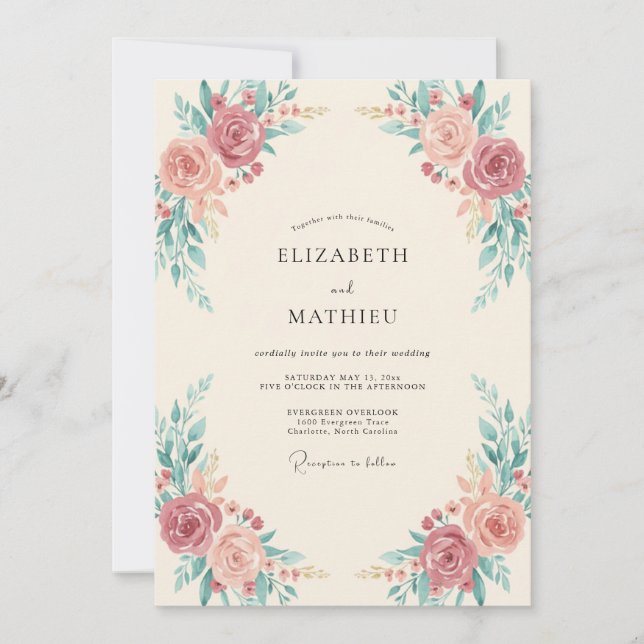 Dusty Rose Botanical Accent Wedding Invitation (Front)