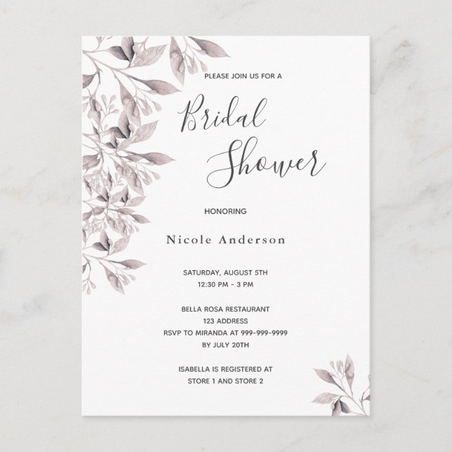 Dusty rose botanical Bridal Shower invitation Postcard (Front)