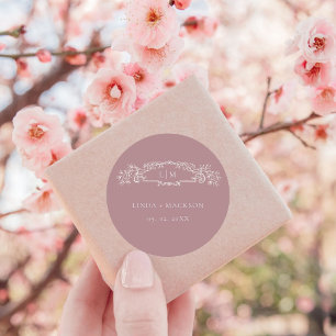 Dusty Rose botanical crest monogram wedding Classic Round Sticker