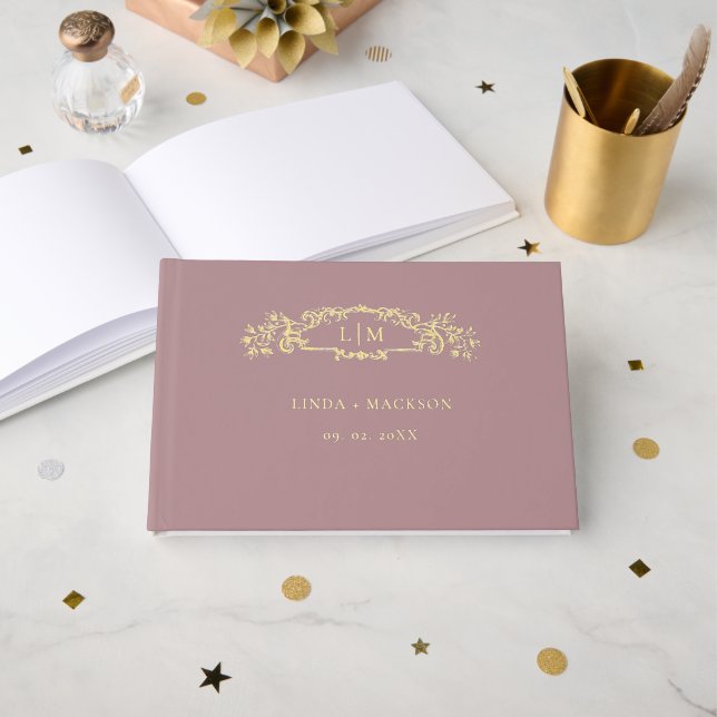Dusty Rose botanical crest monogram wedding Guest Book (Front Open)