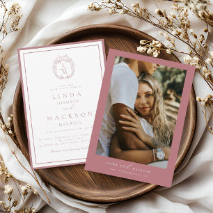 Dusty Rose botanical crest monogram wedding Invitation