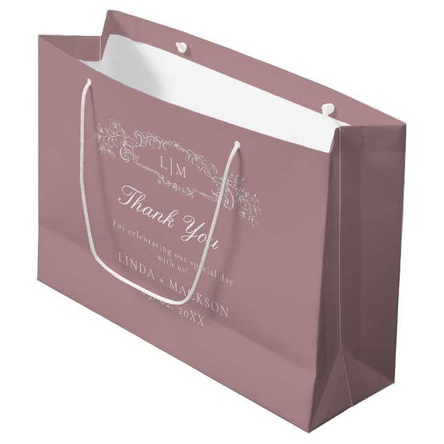 Dusty rose botanical crest monogram wedding large gift bag (Front Angled)