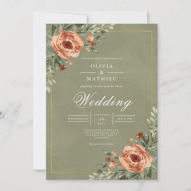 Dusty Rose Botanical Frame Wedding Invitation (Front)