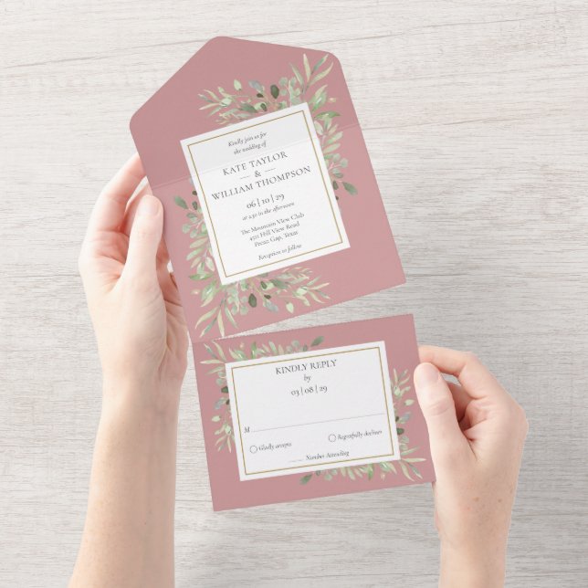 Dusty Rose Botanical Greenery Monogram Wedding All In One Invitation (Tearaway)
