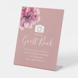 Dusty Rose Botanical Photo Guest Book Wedding Pedestal Sign